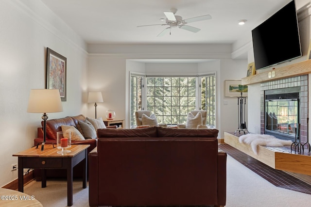 120 Offerson Rd Unit 2320, Beaver Creek, CO 81620 - carpeted living area with ceiling fan and a tile fireplace
