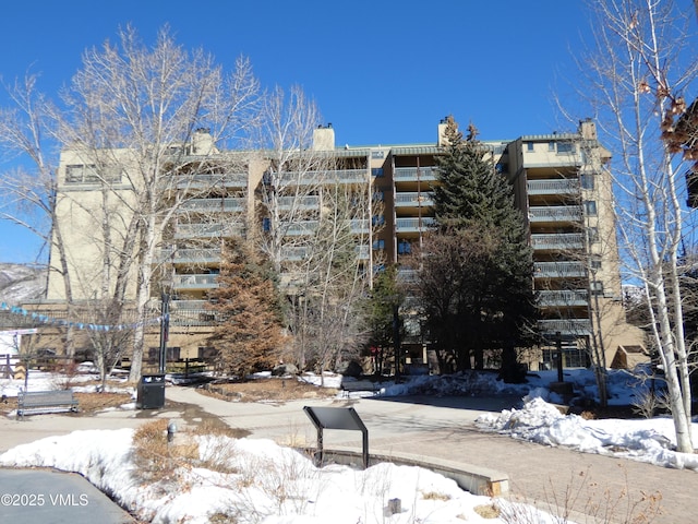 view of snow covered building