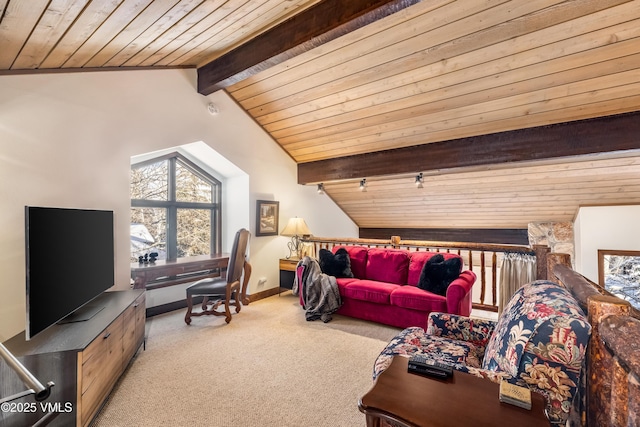 living room featuring vaulted ceiling with beams, wood ceiling, and light colored carpet