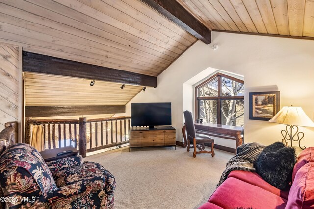 carpeted living room featuring vaulted ceiling with beams and wood ceiling