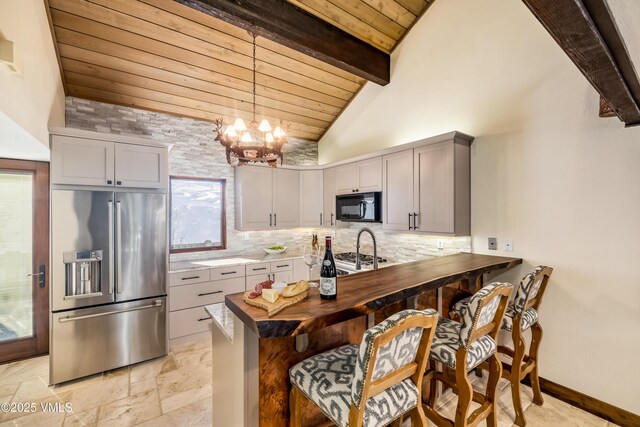 kitchen featuring wooden ceiling, high quality fridge, gray cabinets, kitchen peninsula, and decorative backsplash