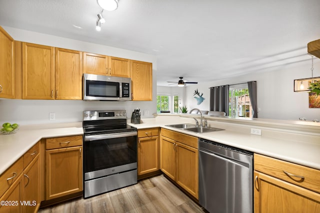 601 Crazy Horse Cir Unit 601, Edwards, CO 81632 - kitchen with appliances with stainless steel finishes, light countertops, light wood-style floors, and ceiling fan