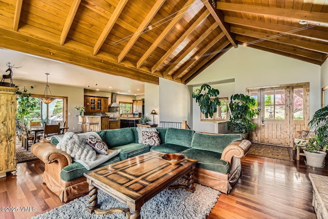 51 Silver Spur, Eagle, CO 81631 - living room featuring plenty of natural light, wood-type flooring, wood ceiling, high vaulted ceiling, and beamed ceiling