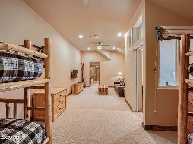 carpeted bedroom with recessed lighting, baseboards, and lofted ceiling