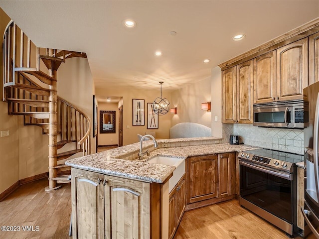 kitchen featuring a sink, appliances with stainless steel finishes, a peninsula, light wood finished floors, and decorative backsplash