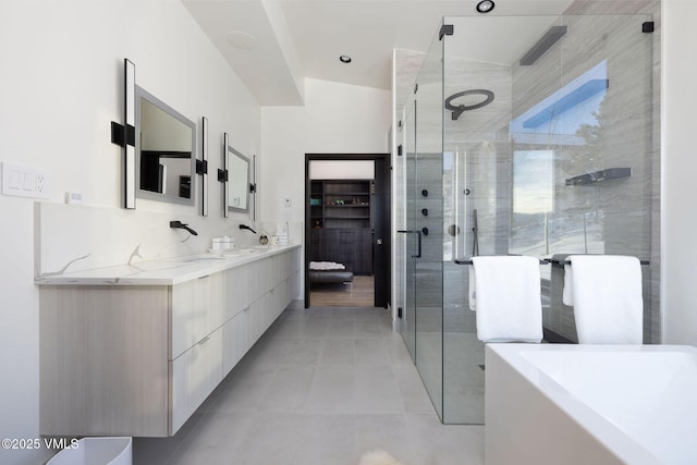 bathroom featuring vanity, decorative backsplash, tile patterned floors, and separate shower and tub