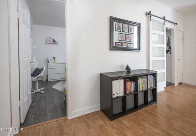 hallway featuring hardwood / wood-style flooring and a barn door