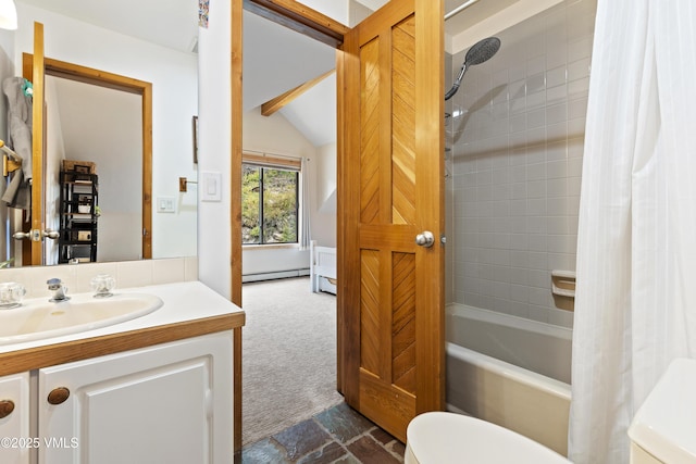 2980 Salt Creek Rd, Eagle, CO 81631 - full bathroom featuring shower / tub combo with curtain, vaulted ceiling, vanity, and baseboard heating