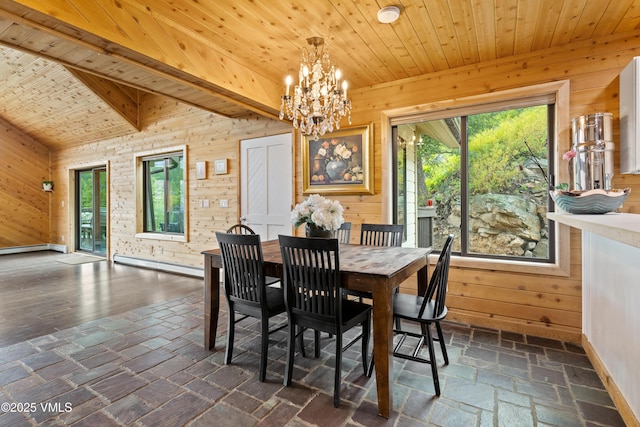 2980 Salt Creek Rd, Eagle, CO 81631 - dining room with baseboard heating, wooden ceiling, wood walls, and a chandelier