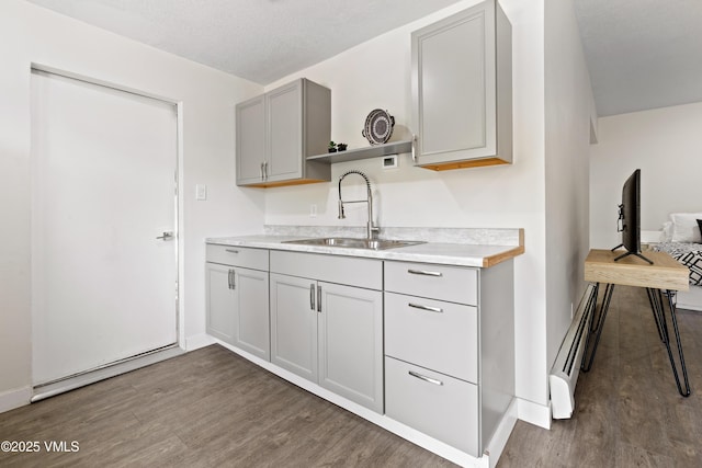 2980 Salt Creek Rd, Eagle, CO 81631 - kitchen with gray cabinets, wood finished floors, open shelves, and light countertops