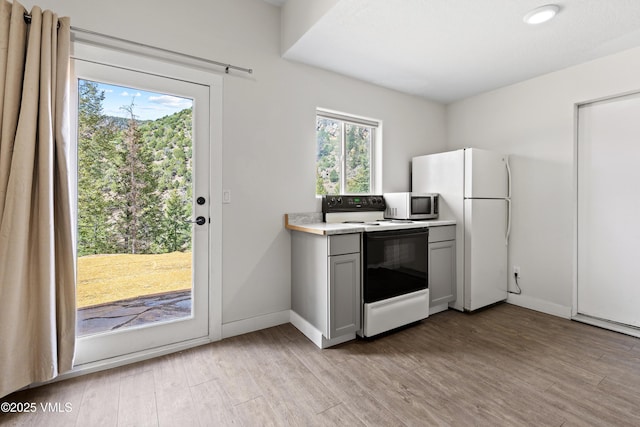 2980 Salt Creek Rd, Eagle, CO 81631 - kitchen with range with electric stovetop, stainless steel microwave, gray cabinetry, and light wood finished floors