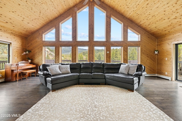 2980 Salt Creek Rd, Eagle, CO 81631 - living room with wood walls, dark wood finished floors, high vaulted ceiling, baseboard heating, and wood ceiling