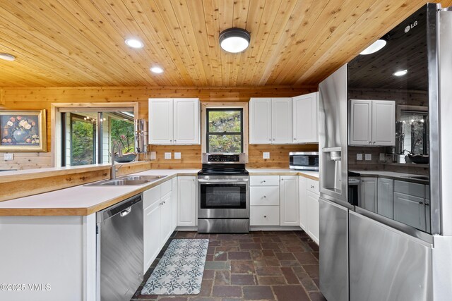 2980 Salt Creek Rd, Eagle, CO 81631 - kitchen featuring stainless steel appliances, wood ceiling, a peninsula, recessed lighting, and white cabinetry