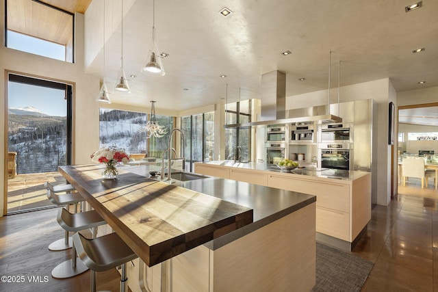 kitchen with a kitchen island with sink, a mountain view, and sink