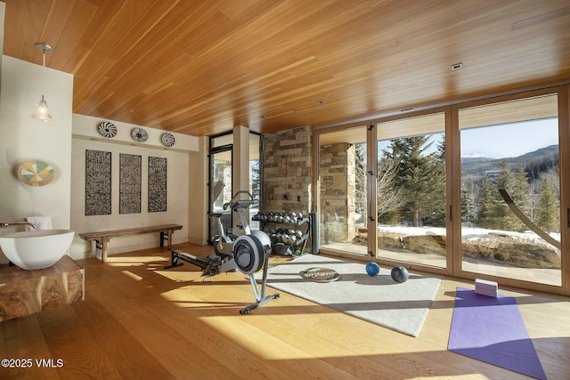 workout area featuring wood ceiling, a mountain view, hardwood / wood-style flooring, and expansive windows