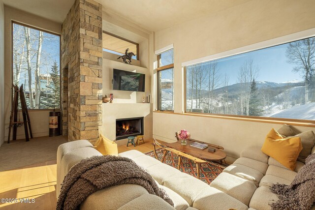 living room featuring light hardwood / wood-style flooring and a fireplace