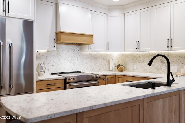 180 Offerson Rd Unit 2, Beaver Creek, CO 81620 - kitchen featuring custom range hood, stainless steel appliances, a sink, and backsplash