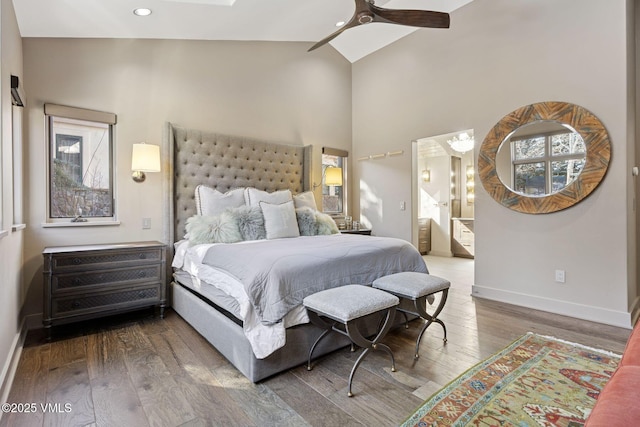 bedroom with high vaulted ceiling, recessed lighting, wood finished floors, a ceiling fan, and baseboards