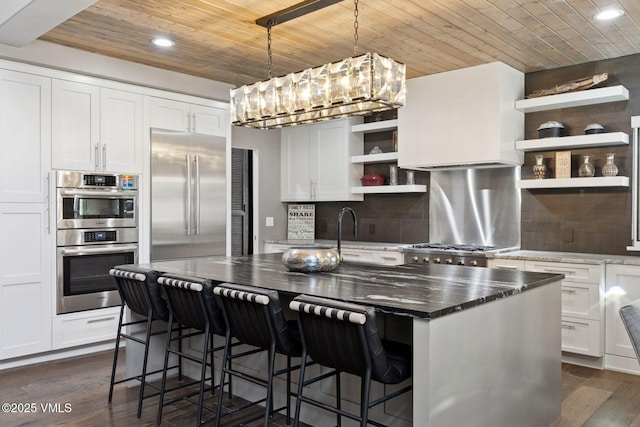 kitchen with dark wood-style floors, open shelves, stainless steel appliances, backsplash, and wood ceiling