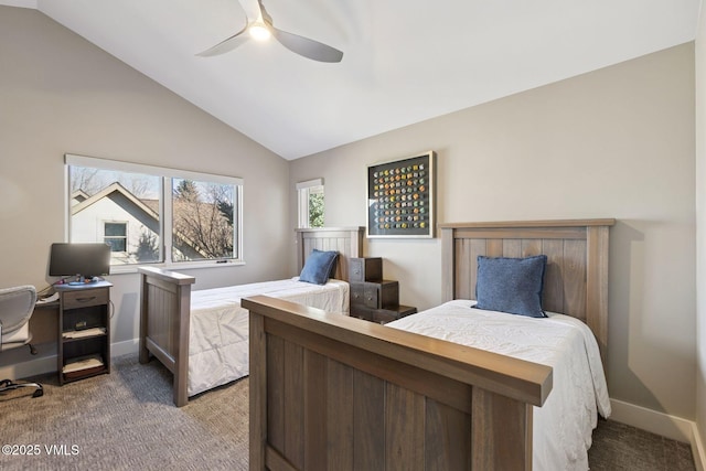 bedroom featuring a ceiling fan, lofted ceiling, carpet flooring, and baseboards