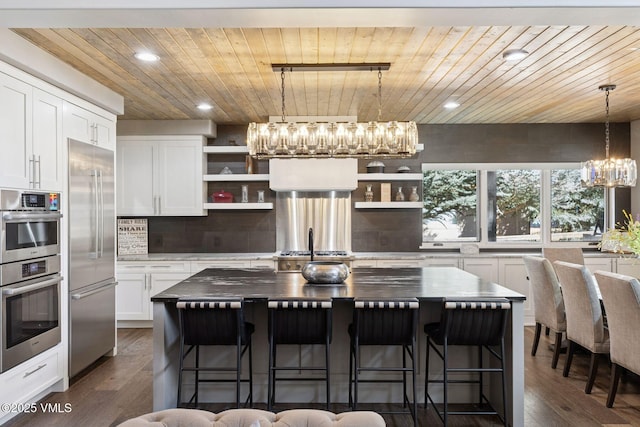 kitchen featuring stainless steel appliances, tasteful backsplash, wood ceiling, and open shelves