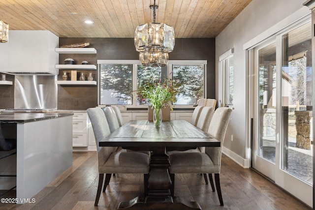 dining room with an inviting chandelier, wood ceiling, dark wood-type flooring, and recessed lighting