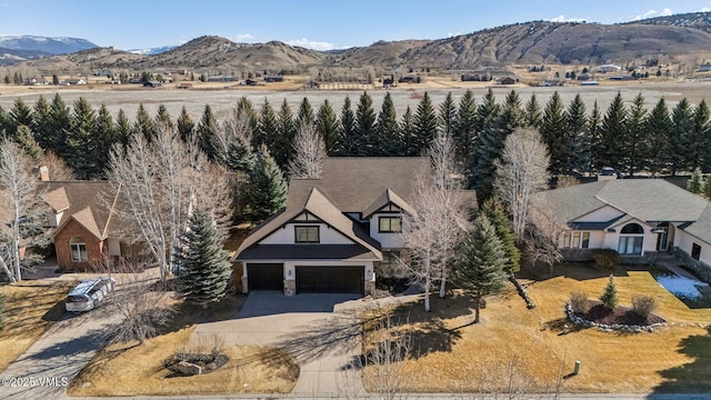 birds eye view of property featuring a mountain view