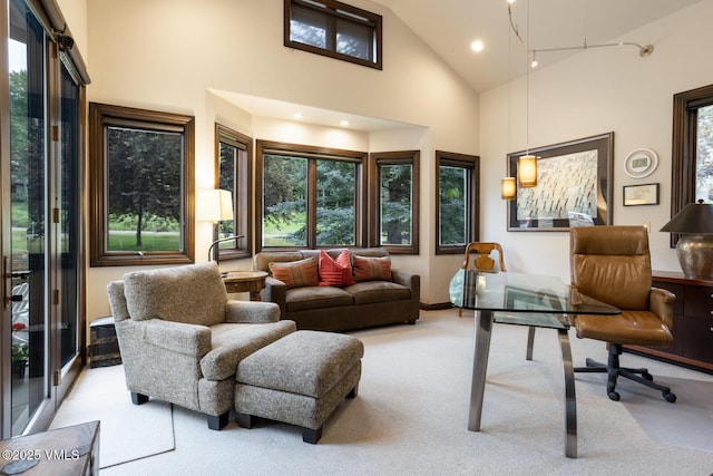 266 Sawatch Dr, Edwards, CO 81632 - office area featuring light colored carpet, healthy amount of natural light, high vaulted ceiling, and recessed lighting