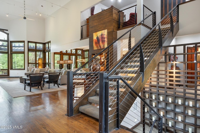 266 Sawatch Dr, Edwards, CO 81632 - stairway with a towering ceiling, wood finished floors, and track lighting
