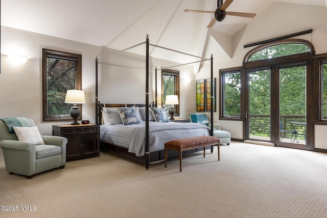 266 Sawatch Dr, Edwards, CO 81632 - bedroom featuring light carpet, access to outside, multiple windows, and high vaulted ceiling