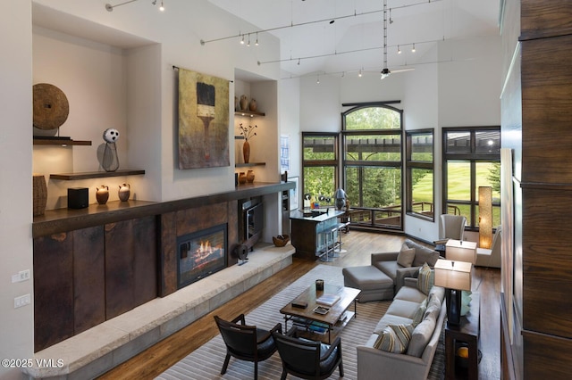266 Sawatch Dr, Edwards, CO 81632 - living area with track lighting, a fireplace, wood finished floors, and a high ceiling