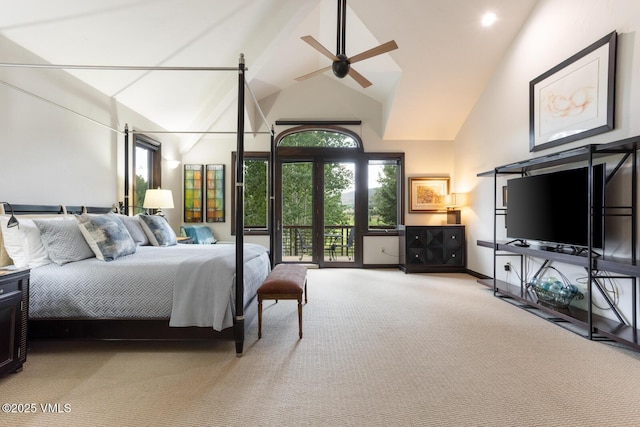 266 Sawatch Dr, Edwards, CO 81632 - bedroom with high vaulted ceiling, light carpet, access to outside, and ceiling fan
