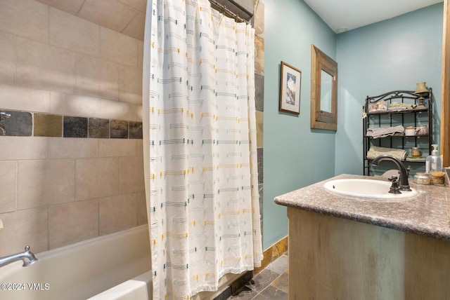 216 Monument St, Red Cliff, CO 81649 - full bath featuring stone tile flooring, shower / tub combo with curtain, and vanity