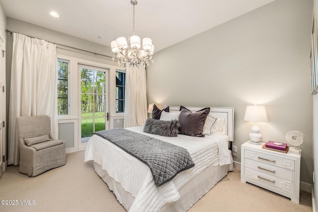 348 Red Draw, Edwards, CO 81632 - bedroom with access to exterior, light colored carpet, a chandelier, baseboards, and recessed lighting