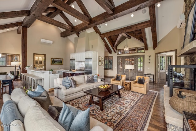 348 Red Draw, Edwards, CO 81632 - living room featuring high vaulted ceiling, wood finished floors, beamed ceiling, recessed lighting, and a wall mounted air conditioner