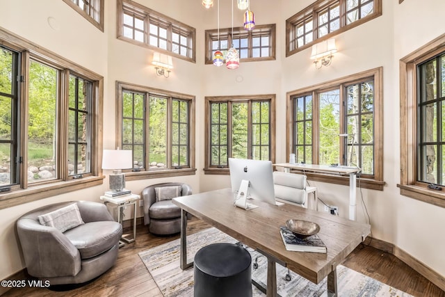 348 Red Draw, Edwards, CO 81632 - office area with hardwood / wood-style floors, plenty of natural light, baseboards, and a high ceiling