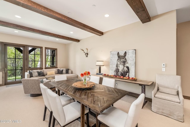 348 Red Draw, Edwards, CO 81632 - dining space with light carpet, beam ceiling, and recessed lighting