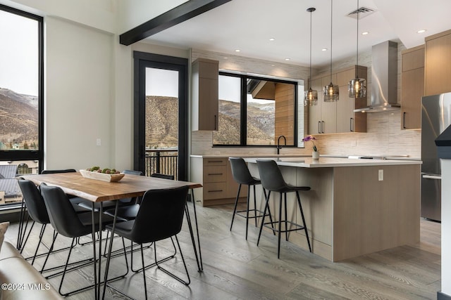 interior space featuring a mountain view and light wood-type flooring