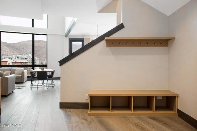 mudroom featuring a mountain view, hardwood / wood-style flooring, and high vaulted ceiling