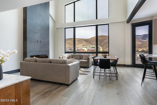 living room with a mountain view, hardwood / wood-style floors, and a high ceiling