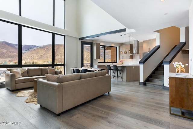 living room with a towering ceiling, a mountain view, sink, and light wood-type flooring