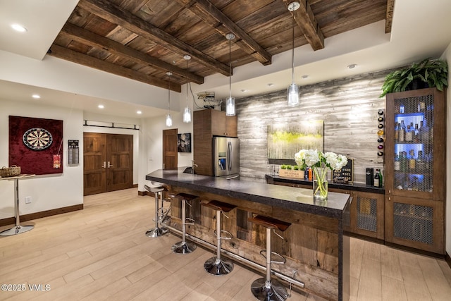 89 Trout Pond Ln, Avon, CO 81620 - indoor dry bar featuring a wooden ceiling with exposed beams, stainless steel fridge with ice dispenser, light wood-type flooring, hanging light fixtures, and recessed lighting