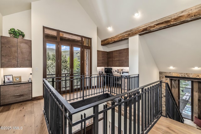 89 Trout Pond Ln, Avon, CO 81620 - stairway featuring wood-type flooring, high vaulted ceiling, and recessed lighting