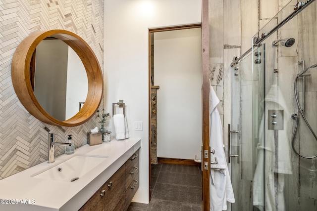 89 Trout Pond Ln, Avon, CO 81620 - full bath with vanity, a stall shower, decorative backsplash, and tile patterned floors