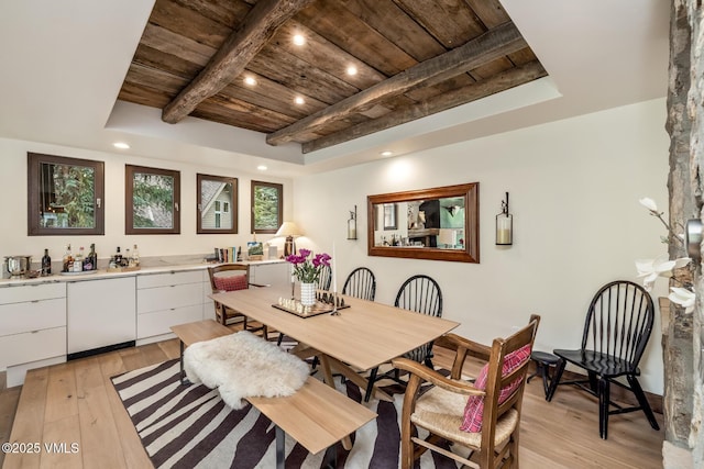 89 Trout Pond Ln, Avon, CO 81620 - dining area featuring a wood ceiling with exposed beams, light wood-type flooring, recessed lighting, and bar