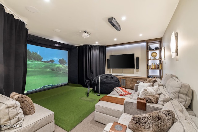 89 Trout Pond Ln, Avon, CO 81620 - carpeted home theater room featuring golf simulator and recessed lighting
