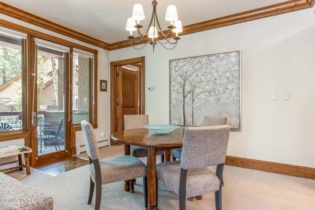 62 Highlands Ln Unit R103, R102, Beaver Creek, CO 81620 - dining area with ornamental molding, a chandelier, carpet floors, and baseboard heating