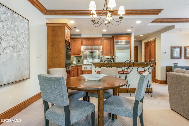 62 Highlands Ln Unit R103, R102, Beaver Creek, CO 81620 - dining space with light carpet, a chandelier, recessed lighting, and ornamental molding