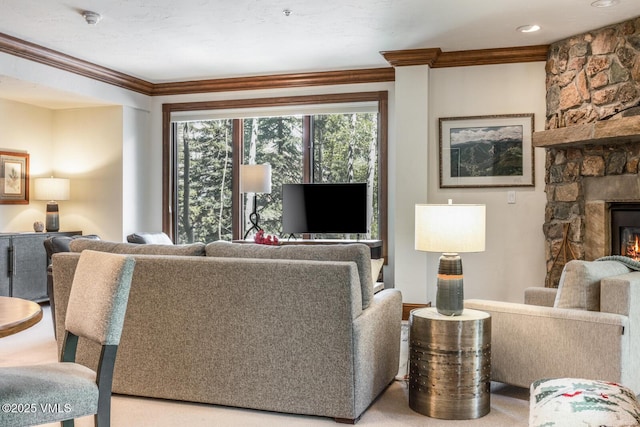 62 Highlands Ln Unit R103, R102, Beaver Creek, CO 81620 - living room with crown molding and a fireplace