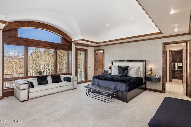 76 Elkhorn, Avon, CO 81620 - bedroom with crown molding, baseboards, access to outside, carpet floors, and vaulted ceiling